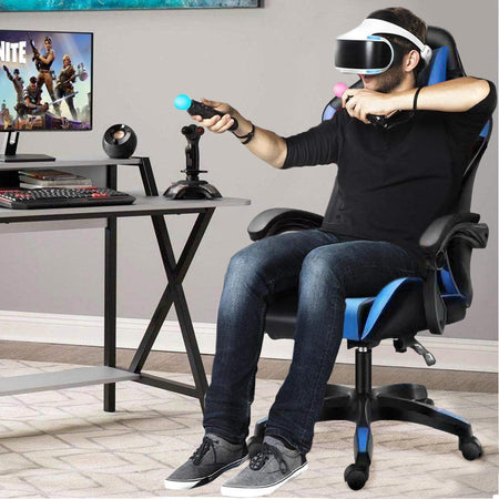 Sedia Poltrona Gaming Ufficio Scrivania Gioco Reclinabile 150° Girevole 2cuscini Blu