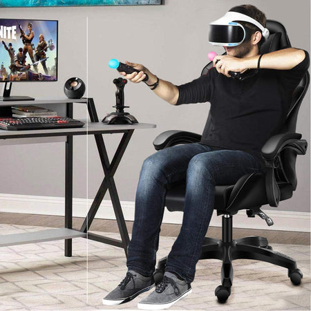 Sedia Poltrona Gaming Ufficio Scrivania Gioco Reclinabile 150° Girevole 2cuscini Nero