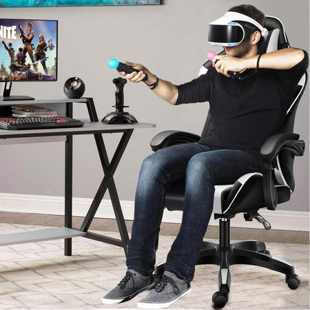 Sedia Poltrona Gaming Ufficio Scrivania Gioco Reclinabile 150° Girevole 2cuscini Bianco
