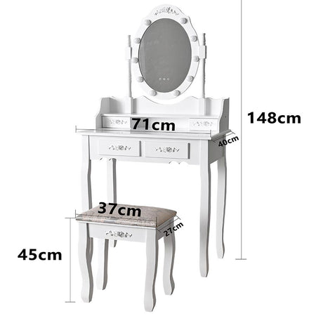 Consolle Trucco Shabby Specchio e Sgabello 10Led Makeup 4Cassetti 71x40 H 149cm