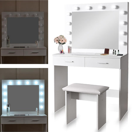 Consolle Trucco Specchio e Sgabello Led Mobile Makeup 2Cassetti 80x40 H 140cm