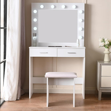 Consolle Trucco Specchio e Sgabello Led Mobile Makeup 2Cassetti 80x40 H 140cm