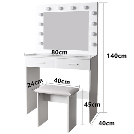 Consolle Trucco Specchio e Sgabello Led Mobile Makeup 2Cassetti 80x40 H 140cm
