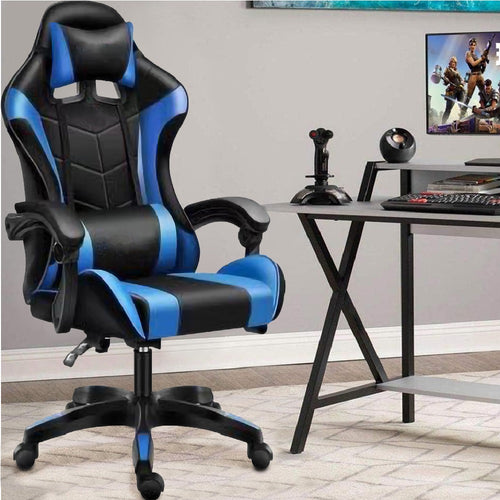 Sedia Poltrona Gaming Ufficio Scrivania Gioco Reclinabile 150° Girevole 2cuscini Blu