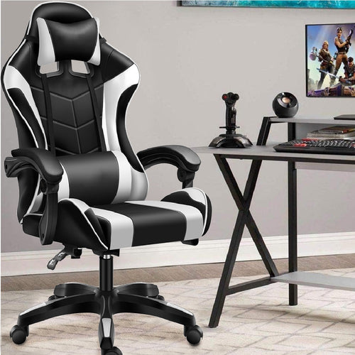 Sedia Poltrona Gaming Ufficio Scrivania Gioco Reclinabile 150° Girevole 2cuscini Bianco