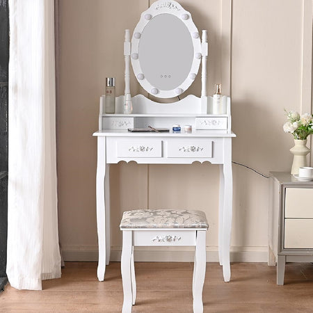 Consolle Trucco Shabby Specchio e Sgabello 10Led Makeup 4Cassetti 71x40 H 149cm