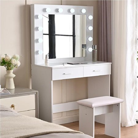 Consolle Trucco Specchio e Sgabello Led Mobile Makeup 2Cassetti 80x40 H 140cm