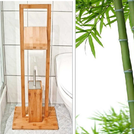 Piantana da Bagno Legno Bambù Porta Scopino e Porta Rotolo H 82 cm Stile Moderno
