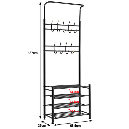 Ingresso Stand Appendiabiti in Metallo 9Ganci 4Ripiani 68.5x35 H187cm Scarpiera Nero