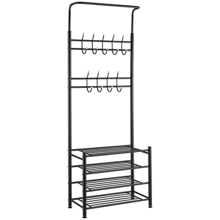 Ingresso Stand Appendiabiti in Metallo 9Ganci 4Ripiani 68.5x35 H187cm Scarpiera Nero