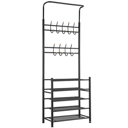 Ingresso Stand Appendiabiti in Metallo 9Ganci 5Ripiani 68.5x35 H187cm Scarpiera Nero