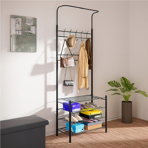 Ingresso Stand Appendiabiti in Metallo 9Ganci 4Ripiani 68.5x35 H187cm Scarpiera Nero