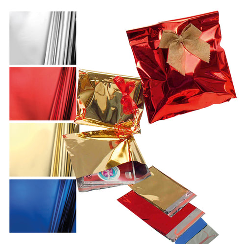 50 Buste Regalo In Ppl Metal Lucido 35X50+5Cm Rosso Con Patella Adesiva