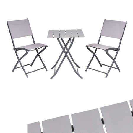 Set 3 Pezzi Tavolo con 2 Sedie Bar Hotel B&amp;B Giardino Metallo Verniciato Pieghevole Grigio
