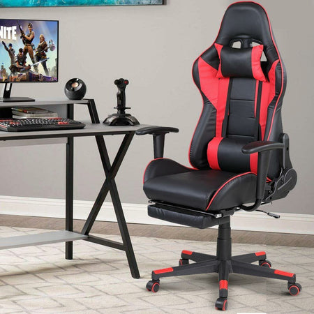 Poltrona Sedia Gaming 2 Cuscini Reclinabile 180° con Poggiapiedi Nero Rosso