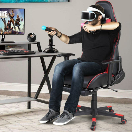 Poltrona Sedia Gaming 2 Cuscini Reclinabile 180° con Poggiapiedi Nero Rosso