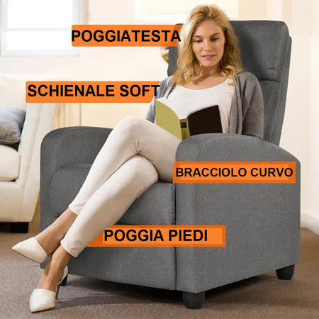 Poltrona Reclinabile Relax con Poggiapiedi Rivestimento Tessuto Design Moderno Grigio