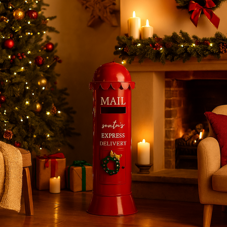 Mailbox cilindrica in metallo colore rosso con decorazioni natalizie