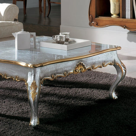 MOBILI 2G - Tavolino quadrato classico foglia argento e oro legno 104X104x48