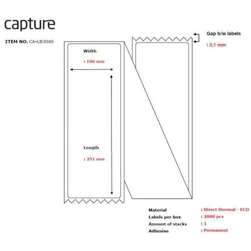 Capture CA-LB3049 etichetta per stampante Bianco (Label 106x251, Core Fanfold. - Thermal print. Uncoated. - Permanent.)