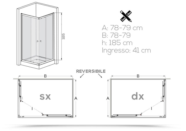 Box doccia angolare "Aurora" in cristallo 6 mm con profili in PVC apertura centrale riducibile "Made in Italy"