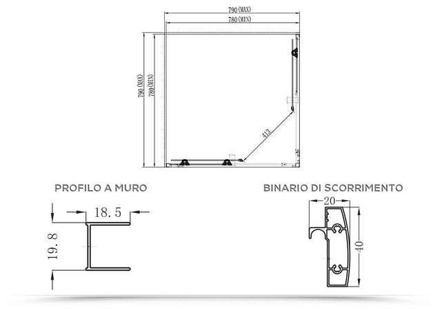 Box doccia angolare "Aurora" in cristallo 6 mm con profili in PVC apertura centrale riducibile "Made in Italy"