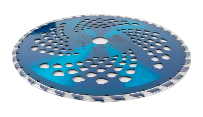 Disco professionale per decespugliatore con 40 denti in tungsteno anodizzato blu Ø esterno 255mm Ø foro 25,4mm per qualsiasi tipo di erba e vegetazione
