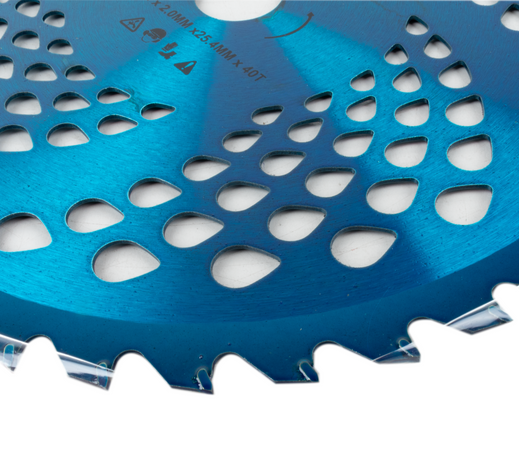 Disco professionale per decespugliatore con 40 denti in tungsteno anodizzato blu Ø esterno 255mm Ø foro 25,4mm per qualsiasi tipo di erba e vegetazione