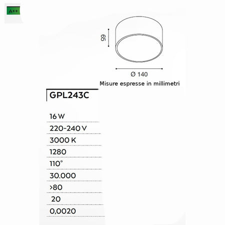 Plafoniera alluminio Gea Led CLOE 65 GPL243C LED lampada soffitto nero tonda moderna interno 16W 3000°K IP20