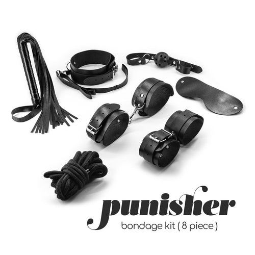 Bondage kit con polsiere cavigliere collare guinzaglio mascherina ball-gag frusta corda 8 pz fetish