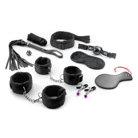 Bondage kit con polsiere cavigliere collare guinzaglio mascherina ball-gag frusta corda paletta dado pinze 11 pz fetish