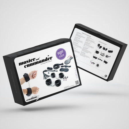 Bondage kit con polsiere cavigliere collare guinzaglio mascherina ball-gag frusta corda paletta dado pinze 11 pz fetish