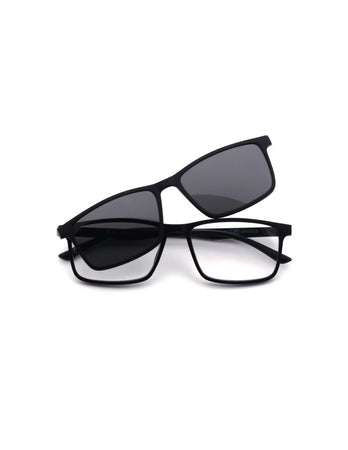Prontoleggo Clip-On con montatura nera e lenti grigie sono occhiali da lettura premontati che includono un clip magnetico per trasformarli istantaneamente in occhiali da sole +1.50