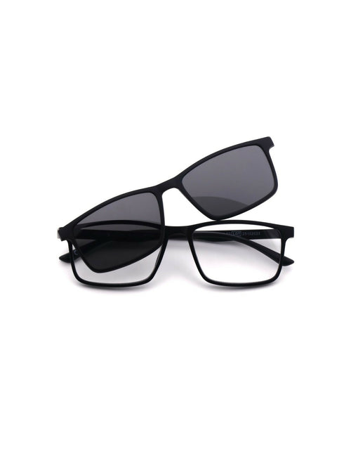 Prontoleggo Clip-On con montatura nera e lenti grigie sono occhiali da lettura premontati che includono un clip magnetico per trasformarli istantaneamente in occhiali da sole +1.50