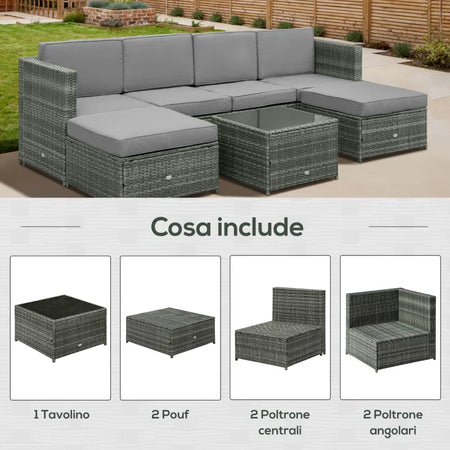 Set da 7 Pezzi Salotto da Esterni in Rattan con Poltrona Pouf Tavolino Grigio 860-002V01