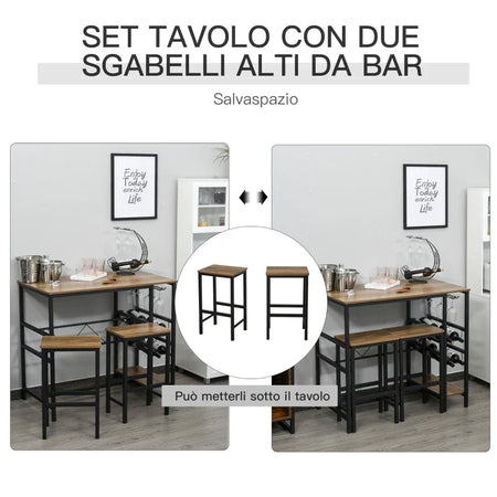 Set Tavolo 2 Sgabelli Alti da Bar in Legno Isola Cucina con Portabottiglie e Portabicchieri in Stile Industriale YU9835-215YU9
