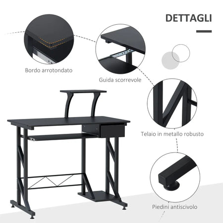 Scrivania per Computer Salvaspazio in Acciaio e Legno, Scrivania da Ufficio con Cassetto, Ripiano Tastiera Estraibile 90 x 50 x 95cm YG8920-018BKYG8