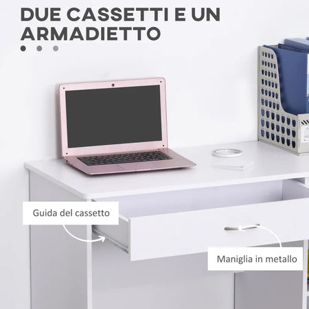 Scrivania Moderna per PC e Computer con 2 Cassetti e 1 Armadietto, Scrivania con Libreria Salvaspazio per Ufficio o Camera in Legno, Bianco ZH3836-267WT