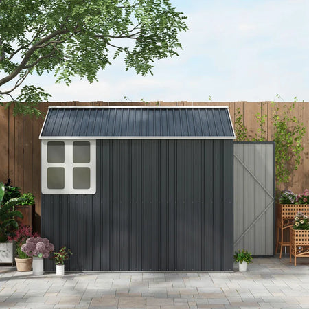 Casetta da Giardino Porta Attrezzi in Acciaio Zincato e PP con Finestra, 259x172x222 cm, Grigia e Bianca FG6845-331V03CGFG6
