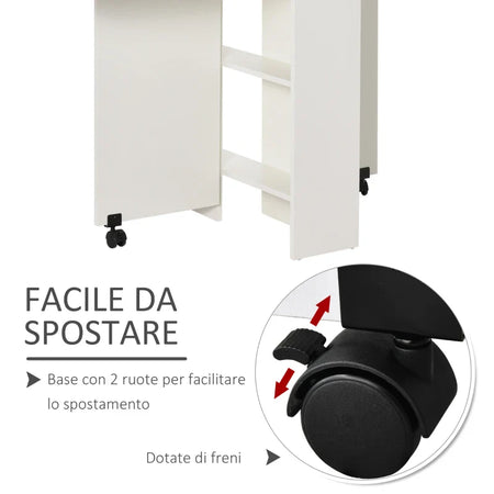 Tavolo Pieghevole con 2 Ripiani iInferiori in Legno, Tavolo Richiudibile con Ruote per 6 Persone, Bianco WQ702-0621WQ7