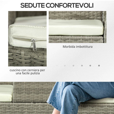 Divanetto per Esterni 2 Posti con Tavolino da Caffè, in Acciaio e Rattan PE, 137x59x82 cm, Grigio e Crema 867-181V00GG