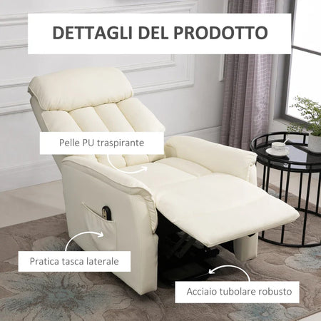 Poltrona Relax Reclinabile, Poltrona Alzapersone Elettrica con Telecomando e Poggiapiedi Integrato, 80x94x104cm Crema RE3713-067V91CWRE3