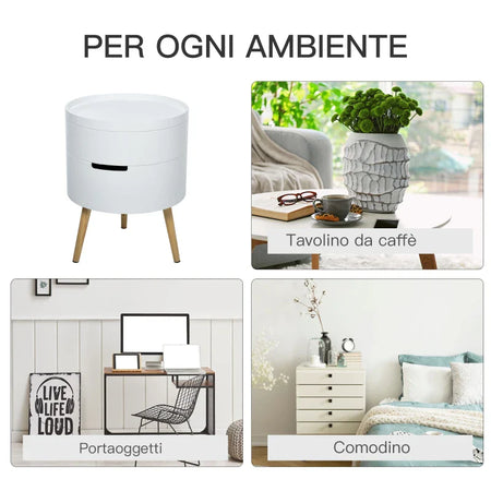 Tavolino da Caffè Vassoio Rimovibile in Legno Bianco VT9833-874VT9 , soggiorno salotto basso nero bianco marrone grgio design moderno sala moderno alto divano camera legno vetro rotondo