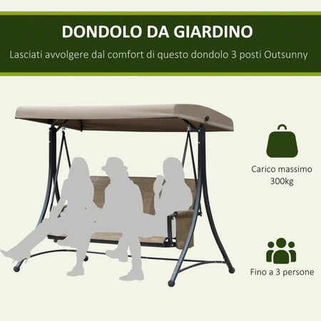 Dondolo da Giardino a 3 Posti con Tettuccio Regolabile e Tasche Portaoggetti Marrone 196x128x172cm 84A-110V01
