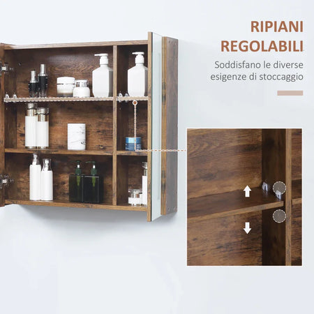 Specchiera Bagno con Luci LED Regolabili, 2 Ante e Mensola Regolabile, 70x15x65cm, Marrone YH9834-442YH9