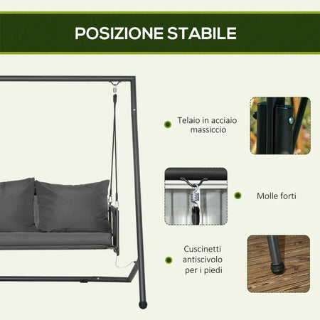 Dondolo da Giardino 2 Posti con Cuscini e Tasche, in Acciaio e Textilene, 168x117x181 cm, Grigio Scuro 84A-332V00CG
