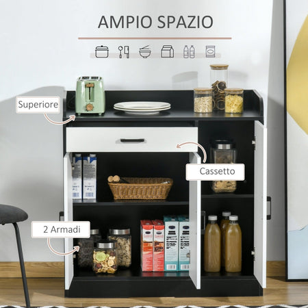 credenza soggiorno salotto ingresso Mobiletto da Cucina Moderno in MDF con 2 Armadietti, 1 Cassetto e Ripiani Regolabili, 90x40x90 cm, Bianco e Nero anche ufficio studio camera bagno F838-221A