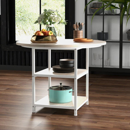 Tavolo da Pranzo per 4-6 Persone con 2 Ripiani Integrati, in Acciaio e MDF, Ø100x76 cm, Bianco e Rovere QS683A-050V80AKQS6