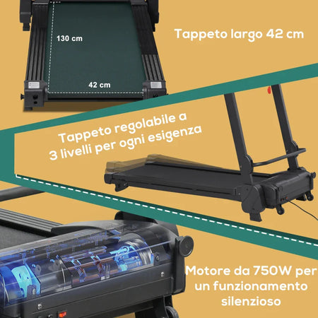 Tapis Roulant Elettrico Pieghevole Salvaspazio, Velocità 14km/h, Monitor LCD 5 Programmi e Presa USB, per Casa e Ufficio, Motore 750W, Nero YT2A90-225YT2