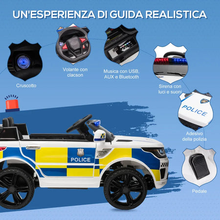 Macchina Elettrica per Bambini della Polizia, Batteria 12V e Telecomando, Sirena Luci Attacco USB per Musica, 110x68x52cm, Bianco LM2370-187V90LM2